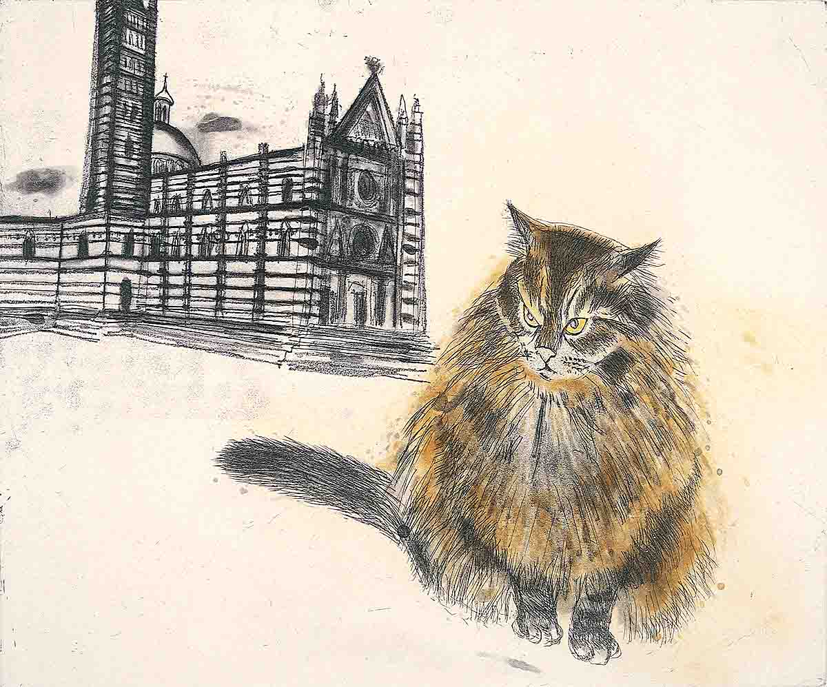 Elizabeth Blackadder, ‘Sienese Cat’, etching