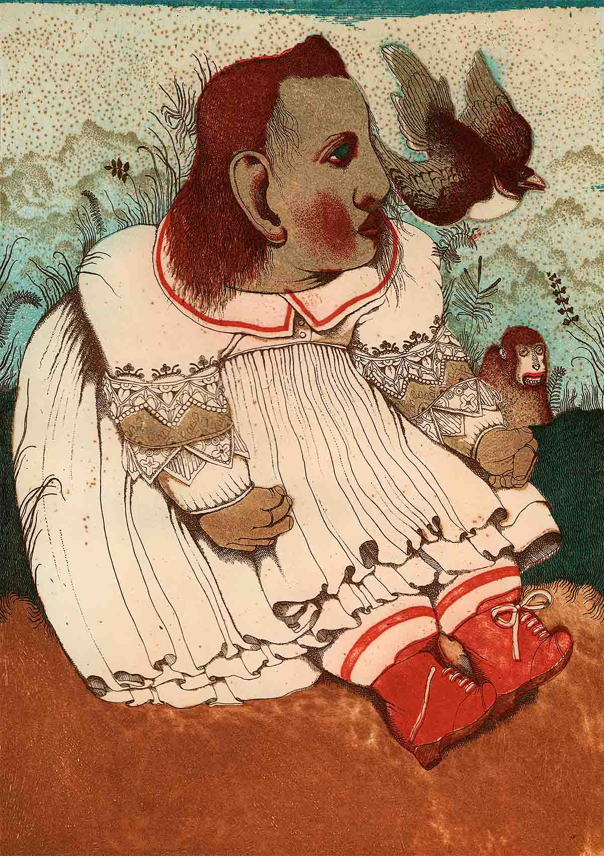 John Byrne, ‘Girl with Monkey’, etching