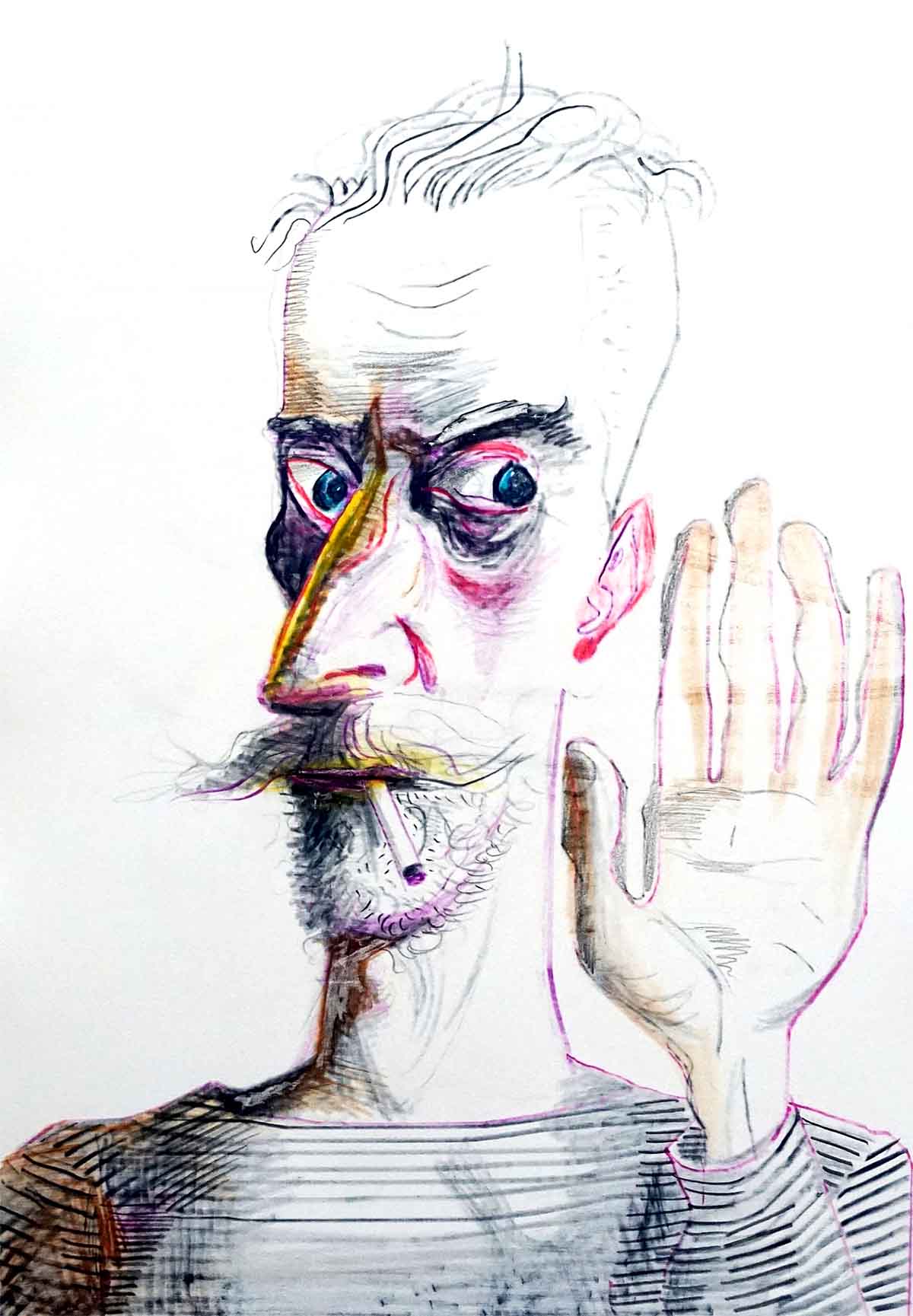 John Byrne, ‘Untitled’ (Self-portrait With Hand II), monotype watercolour and drawing