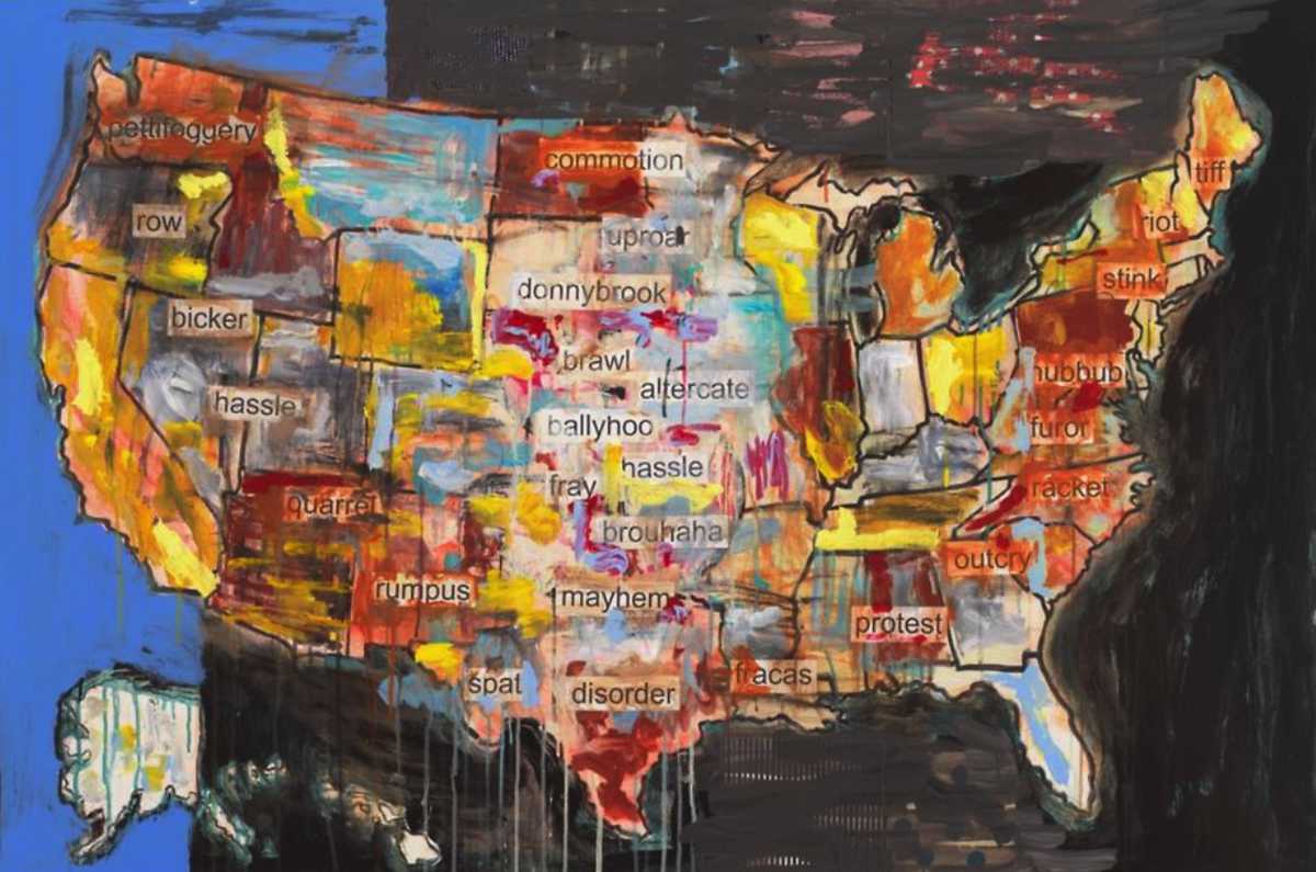 'War Is War', 2023. The Estate of Jaune Quick-to-See Smith, Garth Greenan Gallery, New York and Stephen Friedman Gallery.